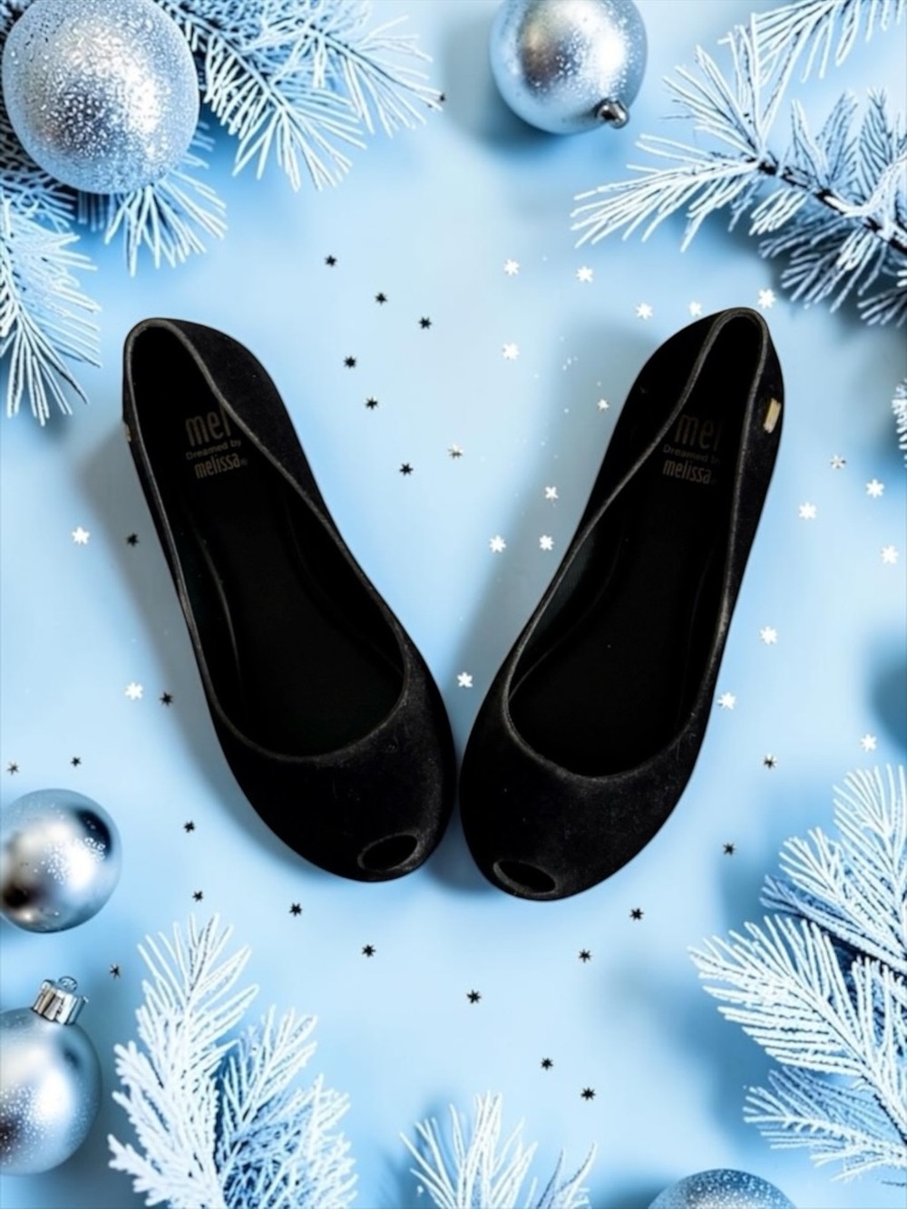 Mini Melissa Peep‑Toe Flats Black Velvet Matte Girls Size 13 Like New